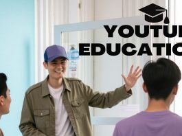 A person standing and explaining a concept with the text "YouTube Education" above, representing the impact of Educational YouTube Channels in learning.