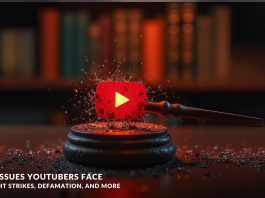 YouTuber legal issues represented by a law and order hammer with the YouTube logo