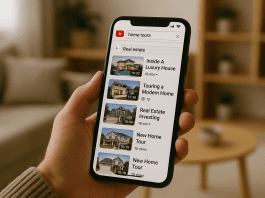 A person holding a smartphone browsing YouTube real estate videos at home, with a cozy living room in the background.