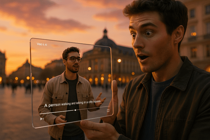 A man holding a transparent screen showing a realistic AI-generated video of another man talking in a city square at sunset, labeled with Veo 3 AI.
