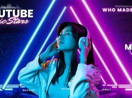 A group of diverse young artists performing with microphones and instruments, representing YouTube for independent musicians rising to stardom.