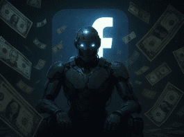Futuristic robot with glowing eyes in front of Facebook logo, surrounded by floating dollar bills, symbolizing AI’s impact on Facebook monetization.